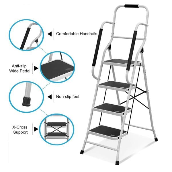 Gr8 Home 4 Step Ladder Folding Stool Non Slip Tread Steel Foldable Home DIY With Handrail