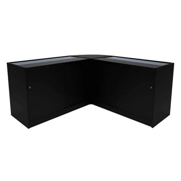 Black Calliope LED shop counter set featuring sleek glass tops and modern design, perfect for retail displays and organization