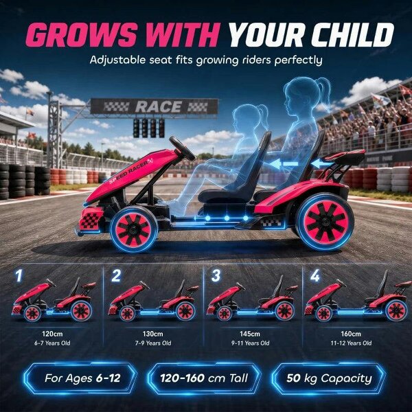 24V Electric Go Kart for Kids 6-12 Years with Drift Mode, Adjustable Seat, 3 Speed, Slow Start, Pink