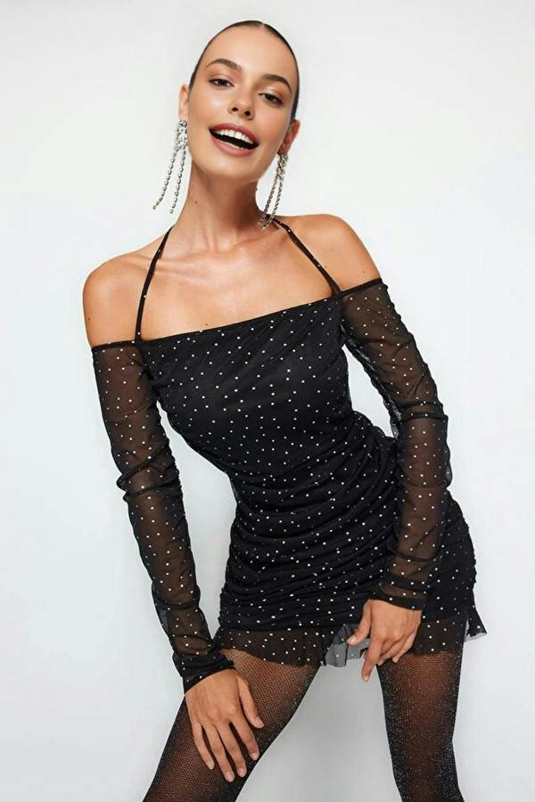 WOVCOR Polka Dot Tulle Short Evening Dress with Lining and Draping Detail
