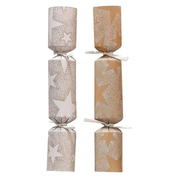Set of six luxury recyclable Christmas crackers in white and kraft brown with a gold star pattern.