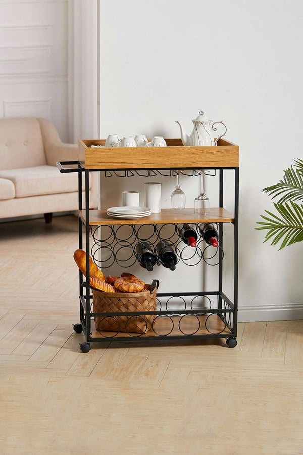 Living and Home 81×40×94cm Metallic Rolling Serving Bar Cart with Wine Rack and Glass Cup Holder