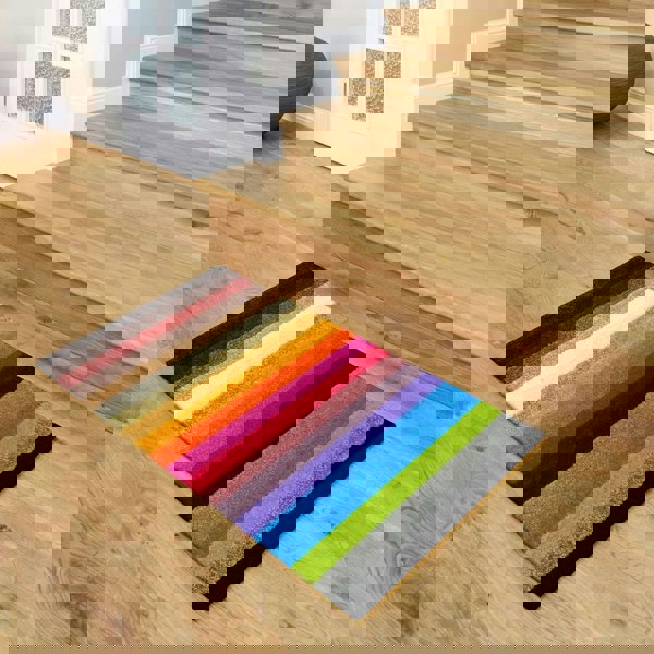 Machine Washable Stripe Design Mat Rug in Multicolour
