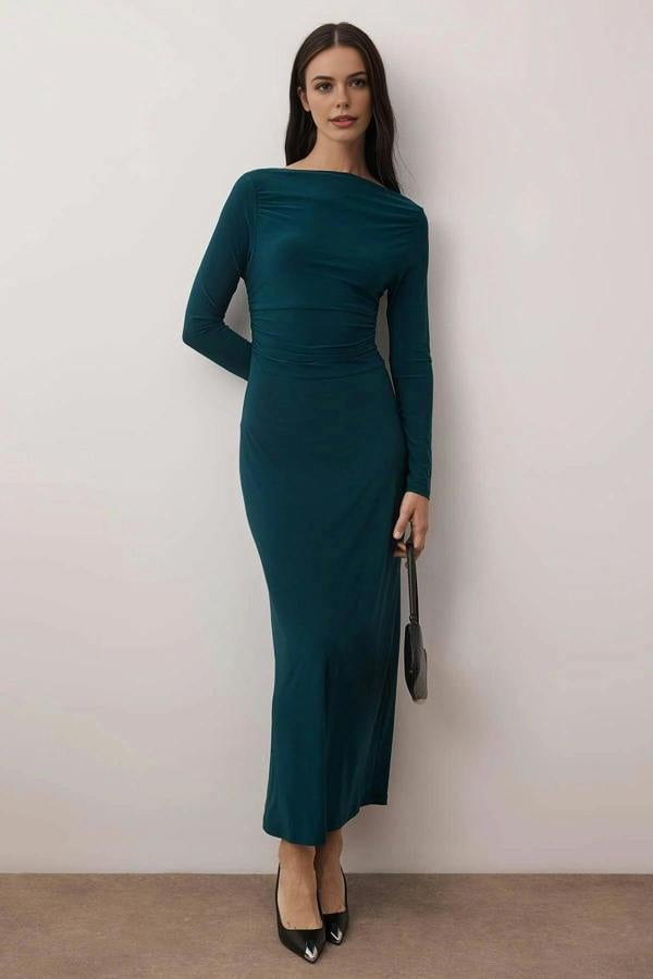 WOVCOR Gathered Detail Stretchy Midi Knit Dress