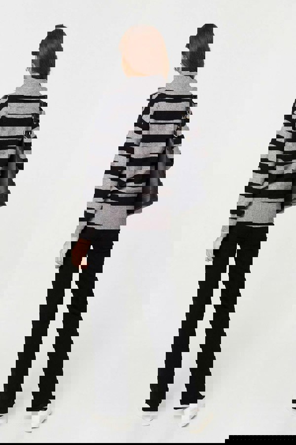 Black | Striped Zip Neck Collared Pullover
