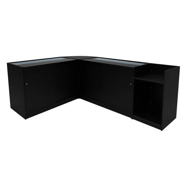 Black Hyperion LED shop counter set featuring sleek design, glass display tops, and ample storage space in a modern, corner layout