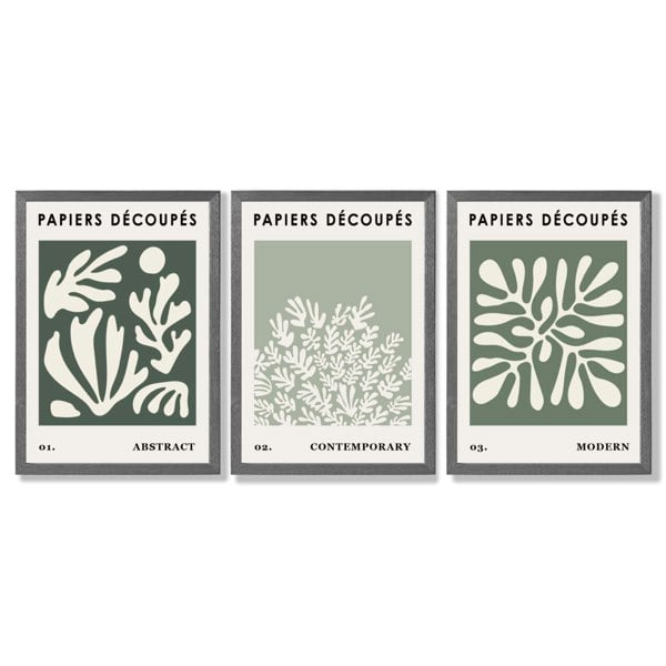 Matisse Floral Set of 3 in Green and Sage Framed Art Prints with Dark Grey Wooden Frames