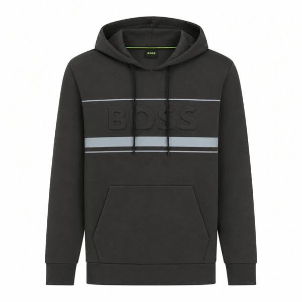 Slate grey BOSS Soody Zone hoodie with a front kangaroo pocket, adjustable drawstring hood, and embossed logo across the chest.