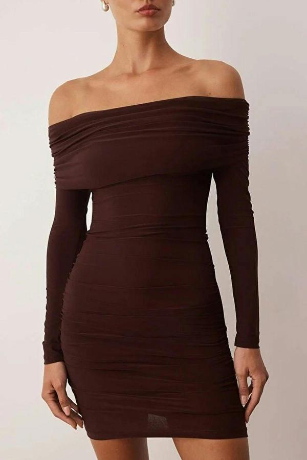 WOVCOR Carmen Collar Bodycone Ribbed Mini Knit Dress
