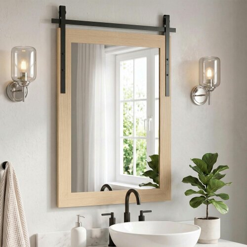 HOMCOM Farmhouse Rectangle Mirror, 110 x 66 cm, White Oak