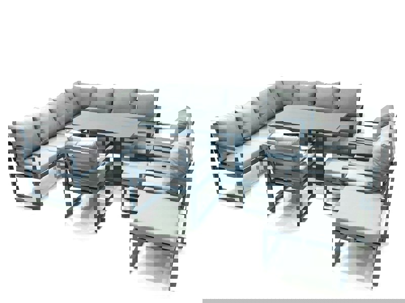 Fimous 13 Seater Outdoor Aluminum Garden Furniture Set Corner Sofa 3 Chair 3 Footstools Adjustable Rising Lifting Dining Table Sets Dark Grey