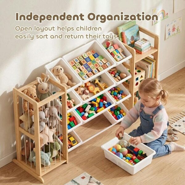 Bobobiy Wooden Toy Storage Unit with Stuffed Animal Storage, Bookshelf and 12 Bins for Kids Rooms, Bedroom, Playroom, Nursery