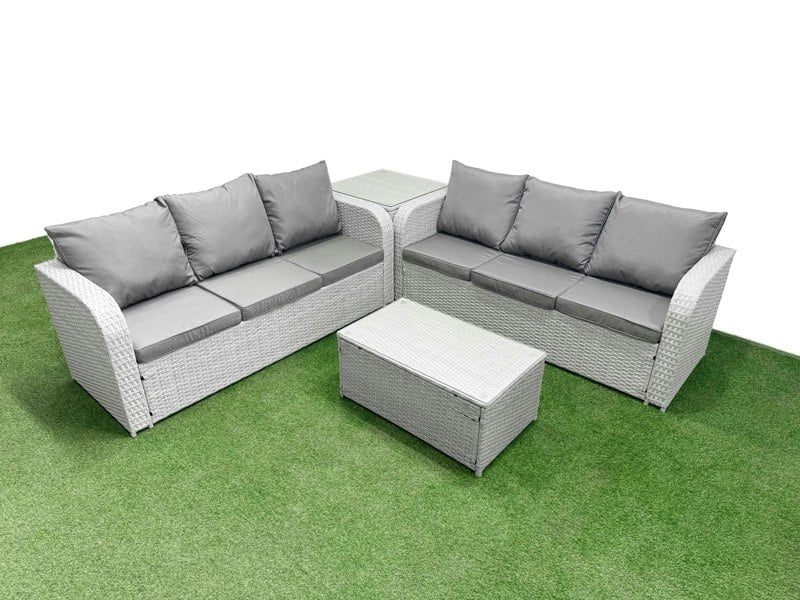 Fimous 6-Seater Light Grey Rattan Outdoor Sofa Set | Rectangular Coffee Table, High Back Lounge Sofa, Side Table