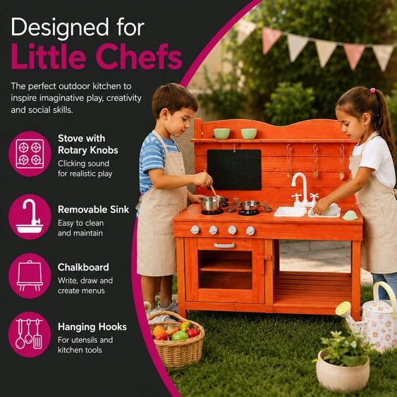 Neo Red Wooden Outdoor Mud Kitchen Kids Garden Play Double Sink