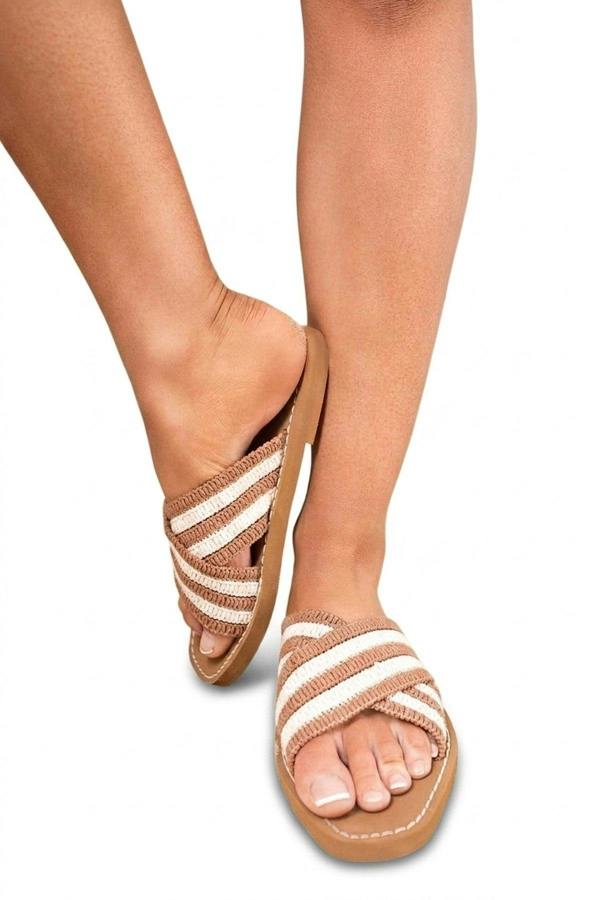 Elina Cross Strap Flat Sandals With Woven Detail - Mocha_wb