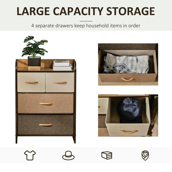 Tower dresser with four separate drawers, wood top, fabric storage bins, curved wooden handles
