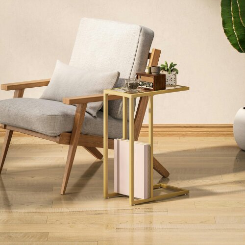 Wyld Haus Ramise Gold Metal And Glass Slim C Shaped Side Table