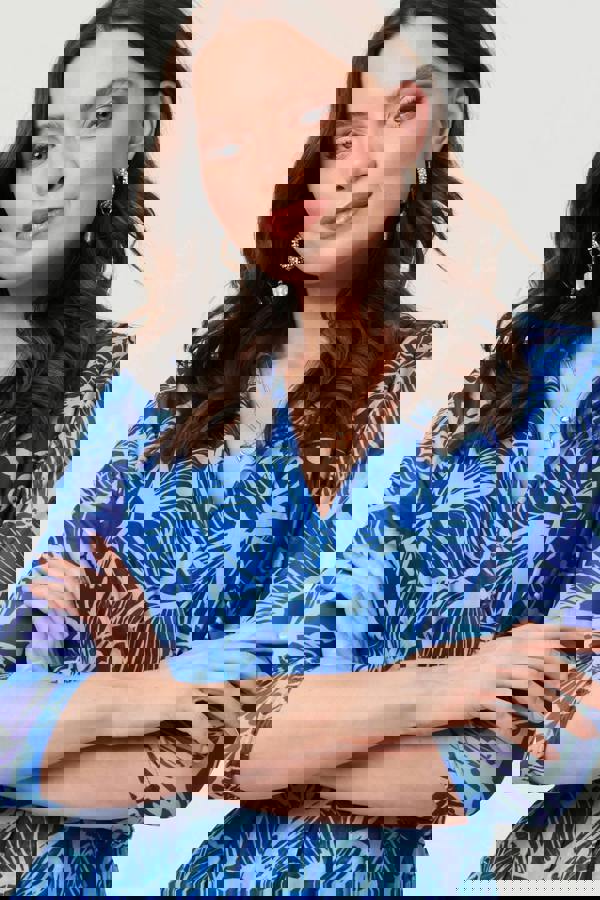 Blue | Leaf Print Mesh Layer Midi Wrap Dress