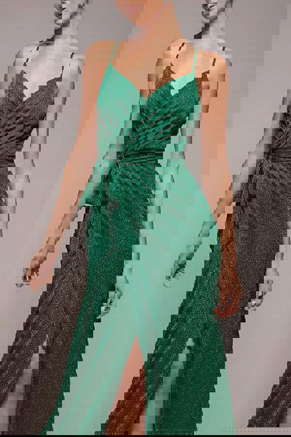 Wrap Style Spaghetti Strap Maxi With Split - Emerald DR3137A