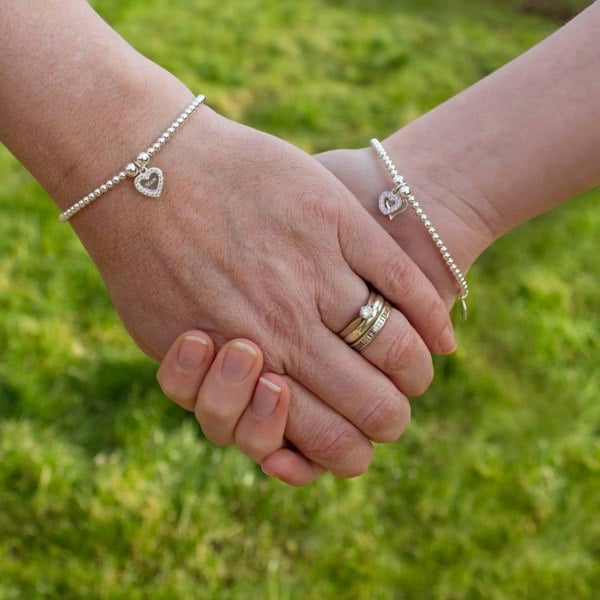 Crystal Double Heart on Silver Ball Bead Bracelet - MYLEE London