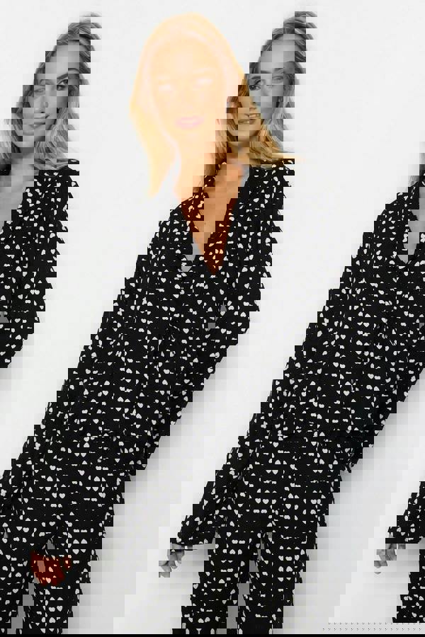 WOVCOR 2-Piece Heart Print Viscose Woven Pajama Set with Tie Detail