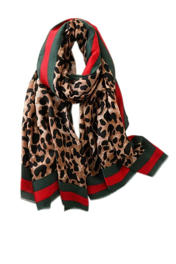 FS Collection Leopard & Strip Print Fringed edges Scarf In Green & Red