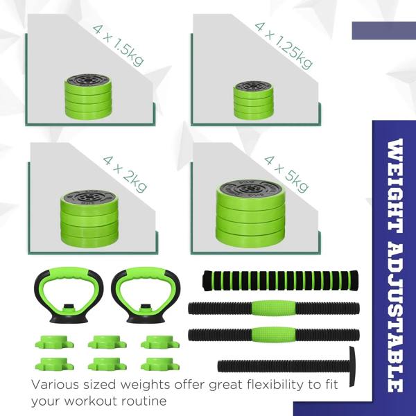 Green weight plate stacks, ring kettlebell handles, and threaded bar for dumbbells