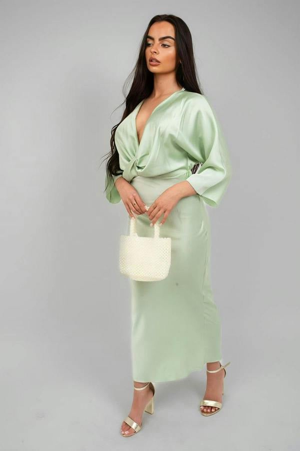 Kylie V-neck Twist Front Midi Dress - Mint