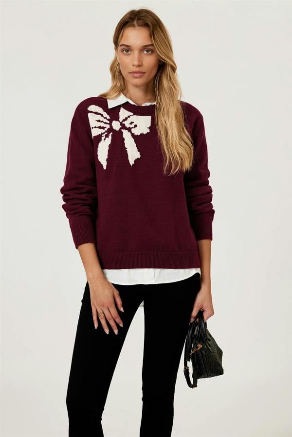 FS Collection Bowknot Pattern On Shoulder Knit Jumper Top In Wine