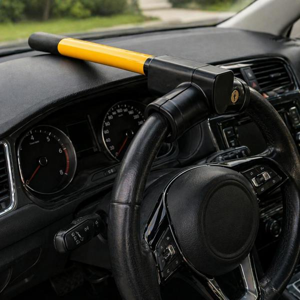 KAV Yellow T Bar Steering Wheel Lock High-Vis Anti Theft Car Van Caravan Security Lock with 2 Keys Heavy Duty Steel Crook Lock Universal Easy Install
