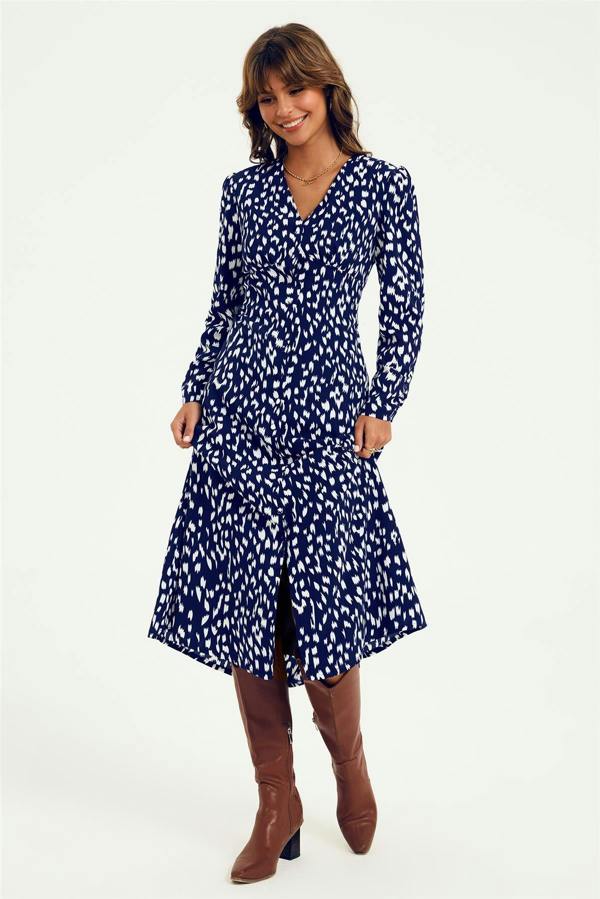 FS Collection Brushstroke Print Long Sleeve Button Front Midi Dress In Navy