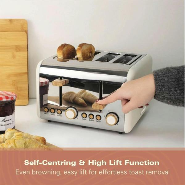 Hamilton Beach Scandi 4 Slice Toaster - Matte Cream with Wood Effect