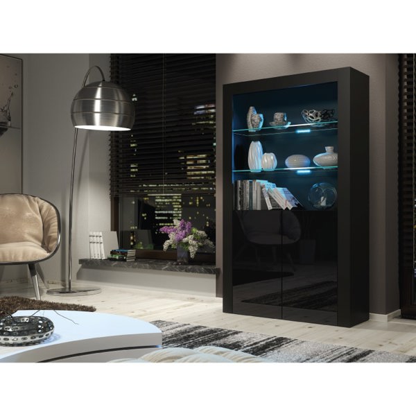 Mex Furniture Premium 170cm Cabinet Sideboard Black High Gloss Doors Display Unit & Free LED Lights