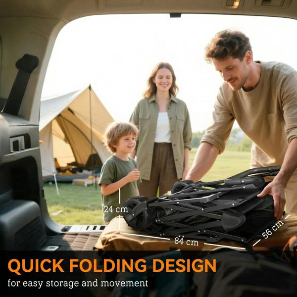 Black folding storage cart packed in vehicle trunk, with 4 wheels and tall handle