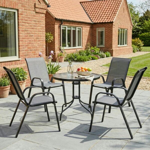 Five-Piece Steel Patio Set, with Glass-Top Table - Dark Grey - Dark Grey