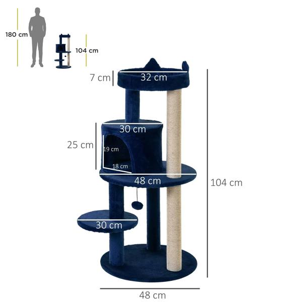 Blue plush cat tree tower with multiple platforms and vertical posts, 104 cm height
