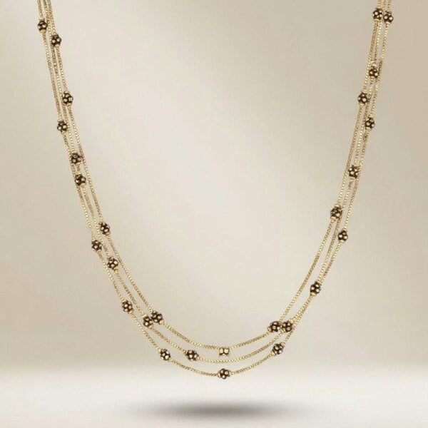 The Colourful Aura Triple Strand Black & Gold Bead Necklace | 18ct Gold Plated