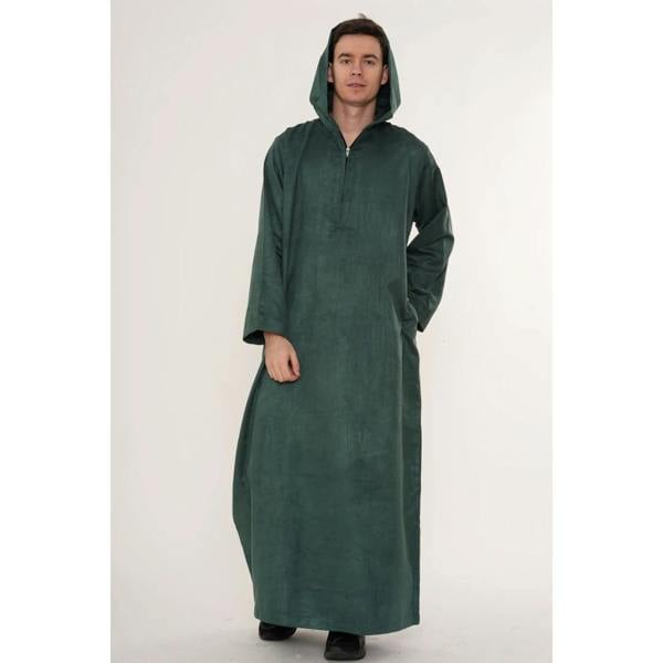 HM12 - Men's Hooded Suede Emirati Omani Zipped Thobe - Green - Thobez - 5