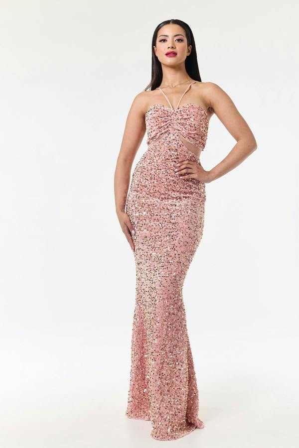 LuvForever Rose Pink Bandeau Sequin Maxi Dress
