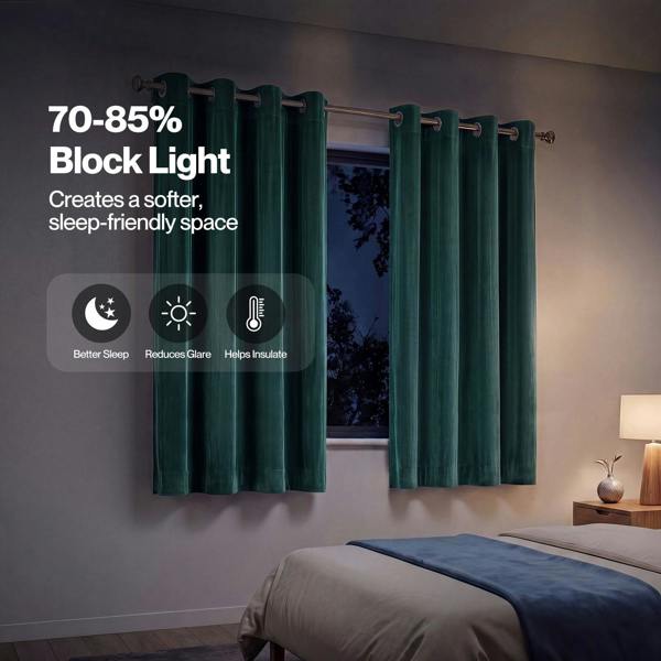 Marlow Thick Thermal Blackout Curtains Velvet 46x54 Inch Eyelet Ring Top Green