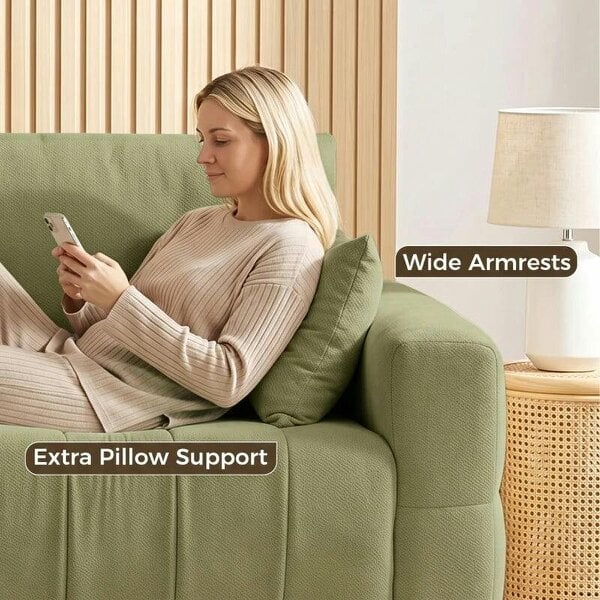 3 Seater Sofa, Upholstered Velvet Couch for Bedroom with Pillows, Padded Cushion and Wood Legs, Green