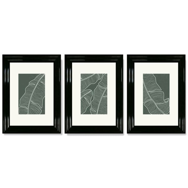 Set of 3 Minimal Green and Cream Botanical Leaves Framed Art Prints with Glossy Black Frames