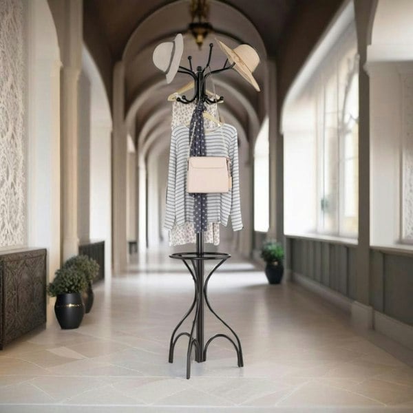 Rafaelo Mobilia Metal Coat Stand With 8 Hooks and Umbrella Holder Black