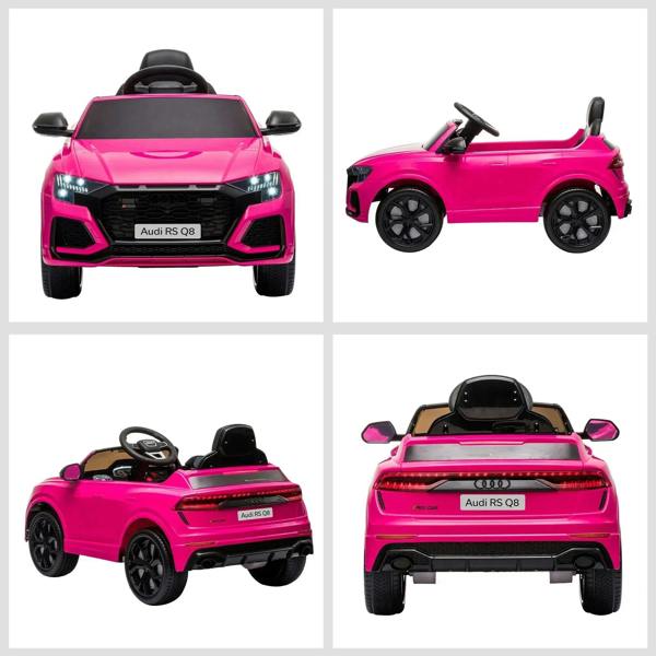 Pink kids electric ride-on car shown from multiple angles: front, side, and rear