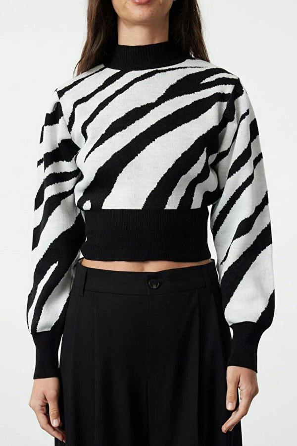 WOVCOR Zebra Print Crop Knit Sweater