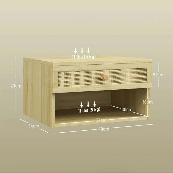 Natural wood-effect floating bedside table with rattan-front drawer, open shelf; size shown