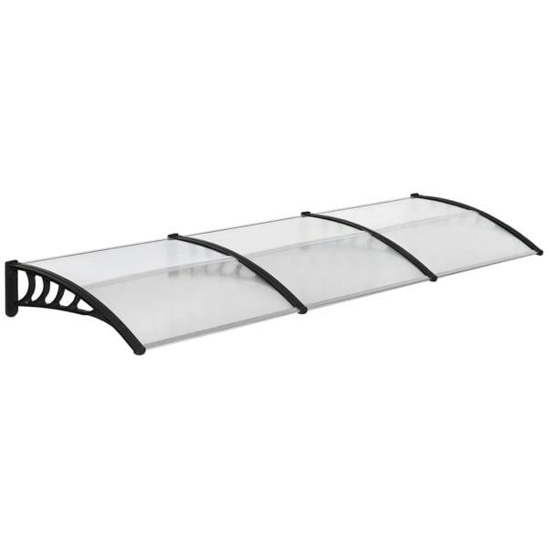 Clear front door canopy awning with black arched support frame and side brackets