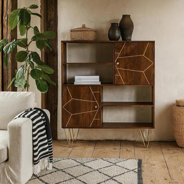 Wyld Haus Bandung Dark Mango Wood and Gold Storage Cabinet 4 Shelves 2 Doors
