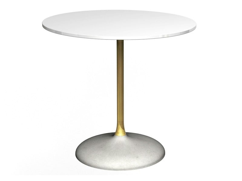 Circular Dining Table - Gloss White Top, Brass Column & Concrete Base by Gillmore British Design © GillmoreSPACE Ltd