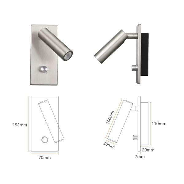 brushed nickel dimmable reading lamp showing products and line drawing of product with dimensions
